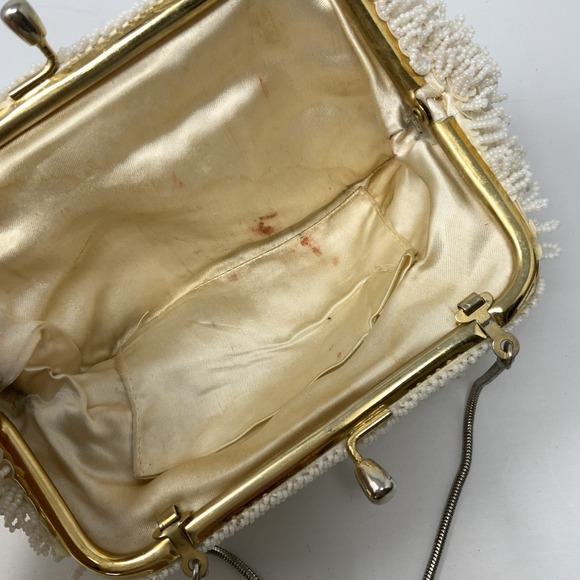 Vintage Beaded Evening Bag Ivory Sequin Gold Satin Interior Wedding Formal 1960s - Picture 7 of 15